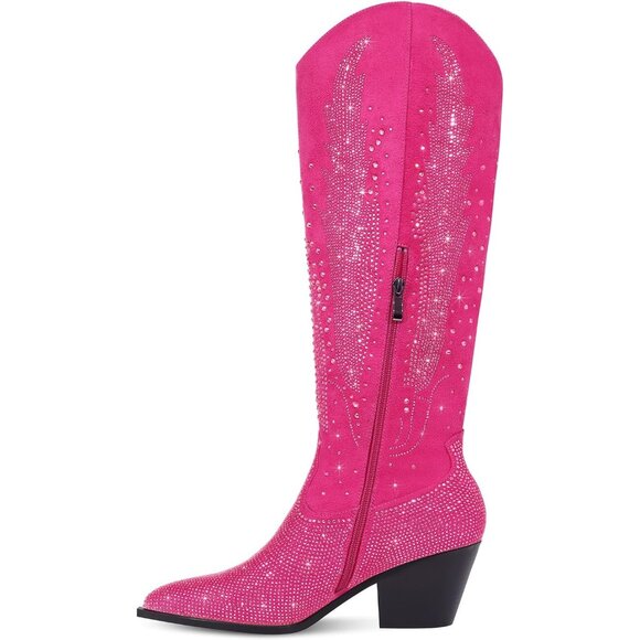 Women Polyurethane Pink Knee High Rhinestone Bling Pointed Toe Cowgirl Western - Picture 3 of 6